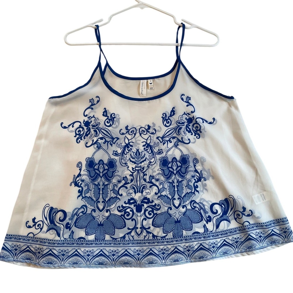 Between Me & You Blue White Damask Print Camisole Top Sm Sheer Beachy Coastal